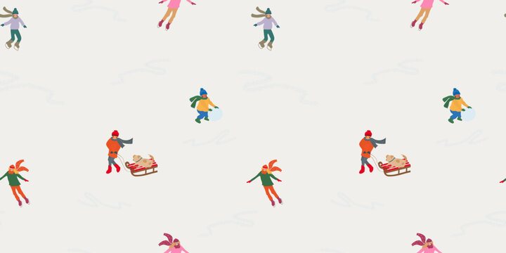 Seamless winter pattern featuring children ice skating, pulling sleds, and rolling snowballs, along with a dog enjoying the snow. Playful seasonal illustration perfect for festive designs.