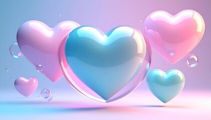 Glossy 3D blue and pink hearts floating on pastel background, romantic love and Valentine concept.