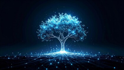  Glowing digital tree made of light particles on dark background, symbol of data network, innovation and growth