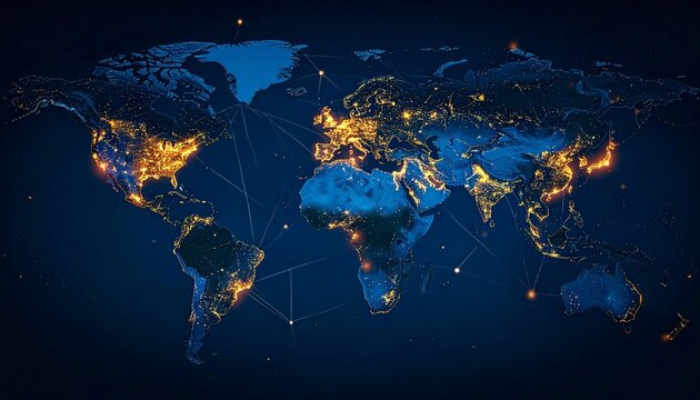 Night world map with glowing city lights and connection lines, global network, logistics and communication concept. - Powered by Adobe