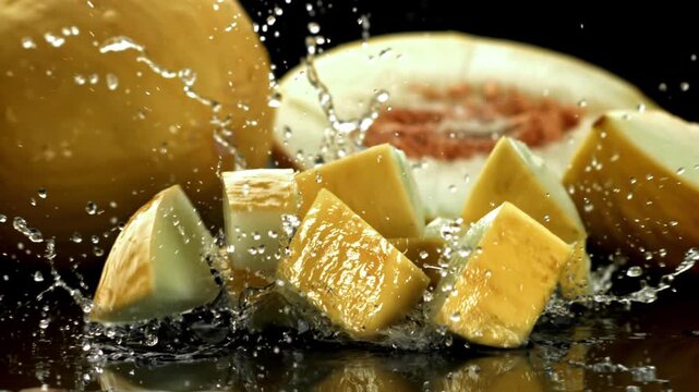 Pieces of melon fall on a wet surface. Filmed on a high-speed camera at 1000 fps. High quality FullHD footage