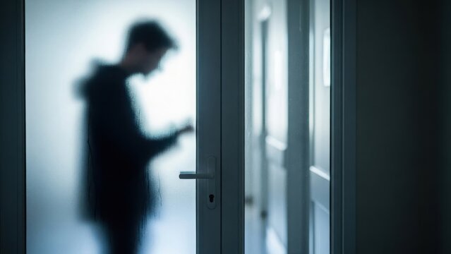 Silhouette of person stands behind translucent glass door, silhouette person blurred in dim light and obscured, standing in corridor. Silhouette person is used in concept for mystery and uncertainty,
