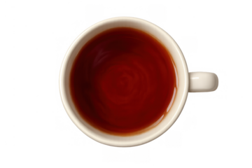White cup filled with dark hot tea beverage from above, isolated, showing warm drink on transparent background