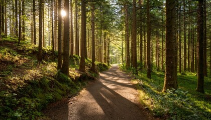 serene path through a sun dappled forest tall trees lining a tranquil way