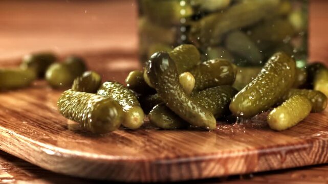 Pickled cucumbers fall on a cutting board. Filmed on a high-speed camera at 1000 fps. High quality FullHD footage