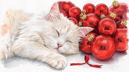 Adorable watercolor painting of a sleeping white cat nestled among festive red Christmas ornaments, perfect for holiday greetings and heartwarming designs