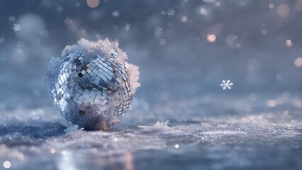 Disco ball snowy Christmas holiday. Disco ball dance floor covered with snow, frost. Silver disco ball ornament blur bokeh background winter holiday theme. Christmas snowball with snowflakes.  