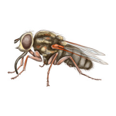 Watercolor illustration of the tsetse fly Glossina in brown-reddish tones, drawn in scientific style. Illustration for medical content, infographics, repellents and protective products.
