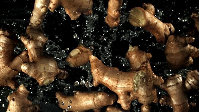 Ginger flies up and falls down on a black background. Filmed on a high-speed camera at 1000 fps. High quality FullHD footage