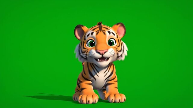 Cute tiger cub sitting and looking at the camera on a green screen background
