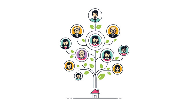 Simple line art illustration of a family tree connecting multiple generations with circular portraits growing from a small house.