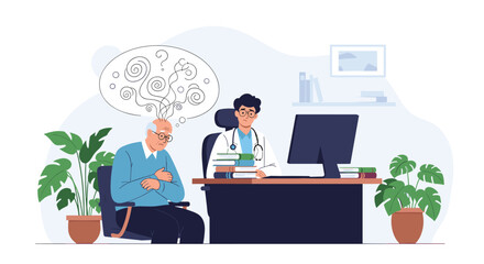 Male doctor listens as an anxious senior male patient describes his confused and tangled thoughts in a medical office setting.