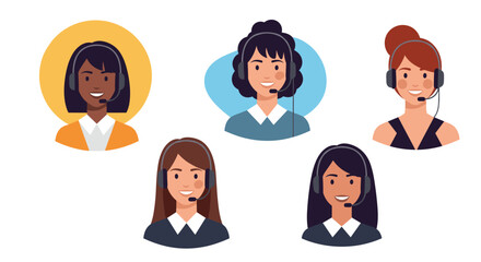 Set of five female call center agents or customer service representatives with headsets, smiling and ready to assist.