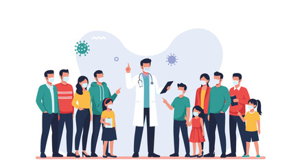 Male doctor wearing a face mask explains health information to a crowd of diverse people during a virus pandemic outbreak.