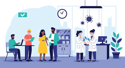 Fototapeta premium Medical professionals administer COVID-19 vaccinations to a diverse group of patients waiting in a modern clinic setting.