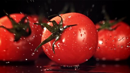 The tomato falls on a wet table. Filmed on a high-speed camera at 1000 fps. High quality FullHD footage - Powered by Adobe
