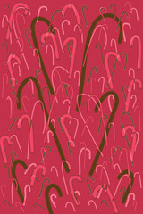 Hand drawn candy canes background are fun at angles. Sizes & colors vary with celebratory pattern. Scatter candy canes fly upward with playful emotions.