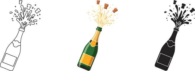 A vibrant collection of three distinct champagne bottle illustrations, each depicting a celebratory pop with effervescent liquid and flying corks, rendered in outline, full-color, and silhouette forms