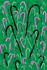 Hand drawn candy canes background are fun at angles. Sizes & colors vary with celebratory pattern. Scatter candy canes fly upward with playful emotions.