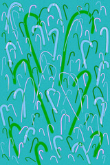 Hand drawn candy canes background are fun at angles. Sizes & colors vary with celebratory pattern. Scatter candy canes fly upward with playful emotions.