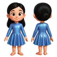 Ballerina In Blue Dress That Is Shiny From The Front And Back And With Black Hair And Wide Eyes