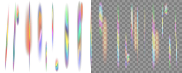 Vertical neon glowing lines and digital artifacts with glitch effect. Rainbow light leak overlay with colorful prism refraction streaks on a transparent background. Editable vector illustration. 