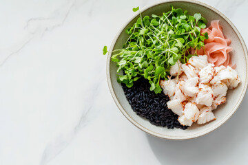 Sushi Bowl Featuring White Crab Meat Microgreens and Black Rice