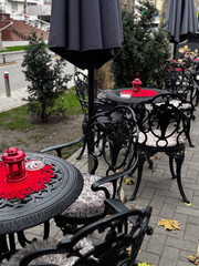 Charming Outdoor Cafe Setting with Elegant Black Furniture