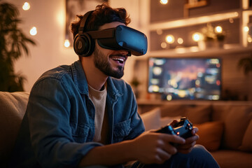 Gamer Wearing VR Headset in Modern Living Room with LED Lighting