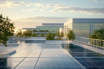 Data Center Rooftop with Solar Panel Installation under Bright Sky