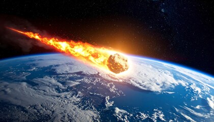 Fiery meteor or asteroid streaking through space into Earth’s atmosphere above clouds, leaving bright burning tail. Armageddon, impact event, cosmic catastrophe concept.