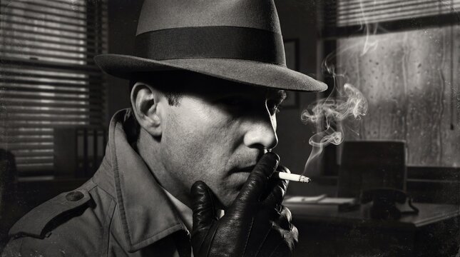 A high-contrast, grainy black and white image captures a mysterious male detective in classic 1920s film noir style. He wears a fedora casting a deep shadow over his eyes, a trench coat, and leather