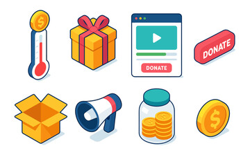 Charity donation icons collection: gift, donation button, coins, megaphone, thermometer