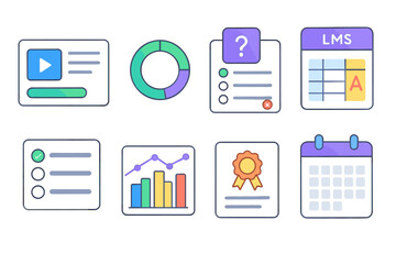 Educational interface icons: lms, charts, calendar, and assessment tools