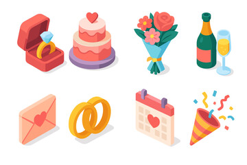 Romantic celebration icons: rings, cake, flowers, champagne, love letter, calendar, party popper