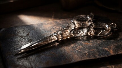 A pair of ornate barber scissors, crafted from transparent smoky quartz with razor-sharp blades catching the light, rests on a piece of dark, worn leather. Dramatic chiaroscuro lighting emphasizes the