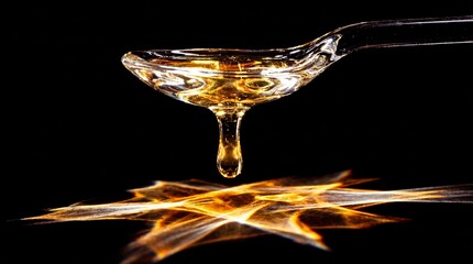 A high-speed photograph captures a perfectly clear, molten glass teaspoon holding a pool of golden honey, with a single luminous drop slowly dripping from its tip. Against a stark black background,