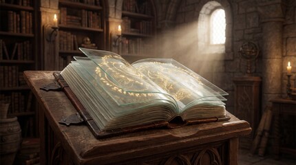 An ancient, leather-bound book with impossibly thin, transparent glass pages etched with glowing golden script lies open on a dusty, carved wooden lectern. A dramatic beam of volumetric light streams
