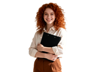 Smiling young woman with vibrant red curly hair holding a black clipboard a happy professional