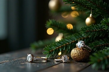 Rings near Christmas tree branch. Advertising banner for jewellery brand. New Year's Sale Poster for the December holidays with golden proposal diamond rings. Gift idea. Space for text.