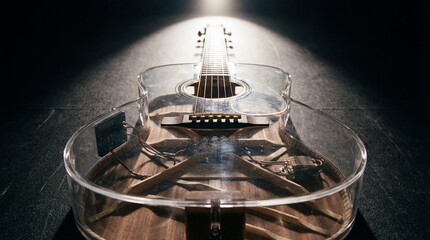 A dramatic, close-up shot of an acoustic guitar featuring a polished, transparent lucite body. The internal wooden bracing and visible wiring are clearly illuminated by a single intense spotlight,