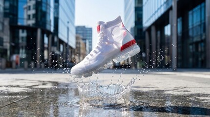 A classic high-top sneaker, crafted from flexible, transparent polymer with visible air pockets in its sole and a subtle red accent, is captured mid-splash as it impacts a clear water puddle. The