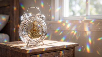 A dreamlike macro photograph of a vintage twin-bell alarm clock crafted from transparent, faceted crystal, revealing its intricate internal gold gears. It sits on a wooden bedside table, bathed in