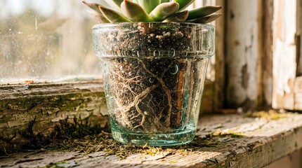 A close-up shot of a vibrant green succulent housed in a thick, bubbly transparent glass pot, revealing its intricate root system nestled within the dark soil. The pot rests on a weathered and