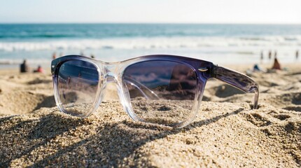 A vibrant lifestyle photo features wayfarer-style sunglasses, crafted from a single piece of transparent photochromic glass mid-transition, resting on sunlit beach sand. The lenses reflect the