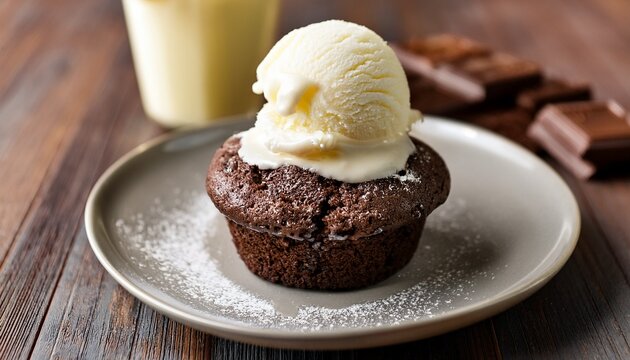 decadent chocolate muffin with creamy vanilla ice cream