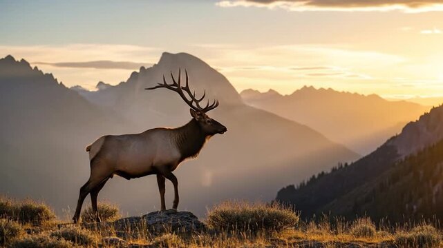 Majestic Elk Standing Proudly Against a Breathtaking Mountain Sunset Scenery Video