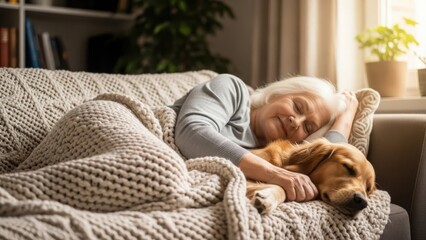 Senior woman sleeping on sofa with pet, enjoying an afternoon nap with her dog. This peaceful afternoon nap scene shows tender companionship between elderly woman and golden retriever.