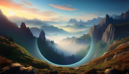 misty mountain valley with a circular aperture