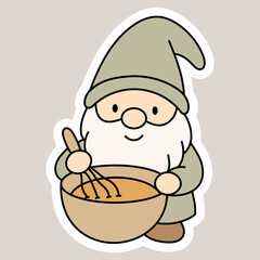 Cozy gnome stirring dough in a bowl. Perfect for baking-themed stickers and kitchen illustrations.
